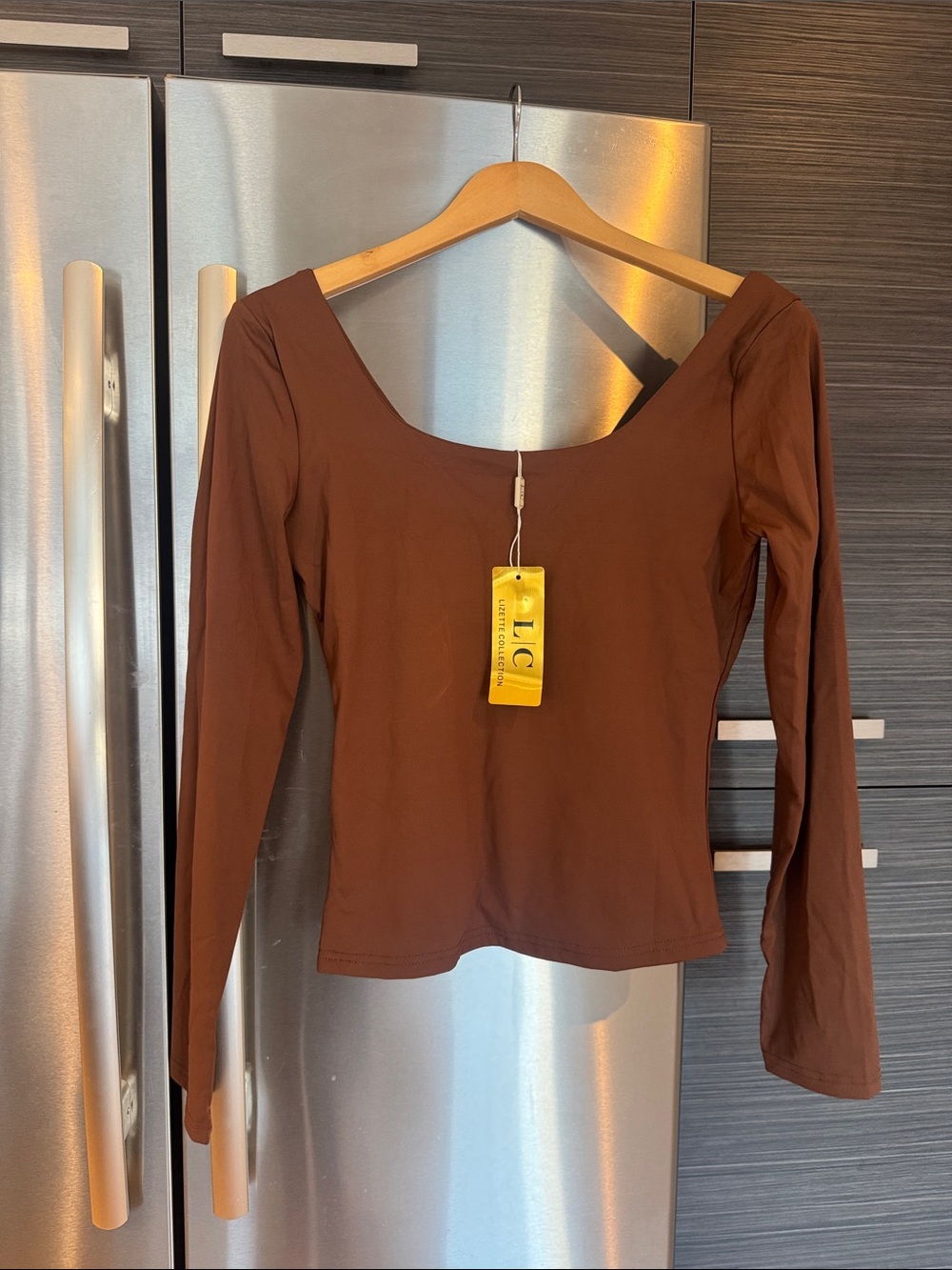 Brown Scoop Neck Long Sleeve Top
